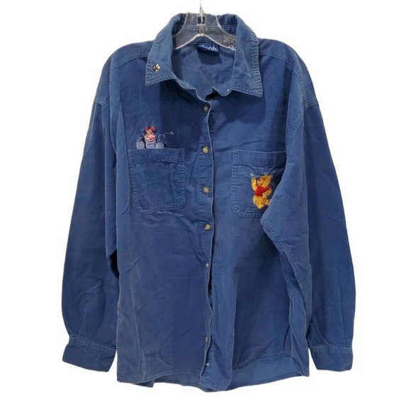 Disney Winnie The Pooh Piglet Women's Blue Corduroy Button Long Sleeve M Vintage - Picture 1 of 7